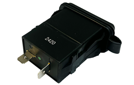 Rear view of a USB-A dual port charger with 2.4A independent power per port, equipped with LED indicators showing power status._1