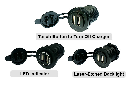 USB Charging Ports featuring LED indicator, laser-etched backlight, and touch button to turn off charger.