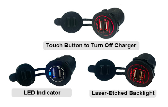 USB Charging Ports featuring LED indicator, laser-etched backlight, and touch button to turn off charger.